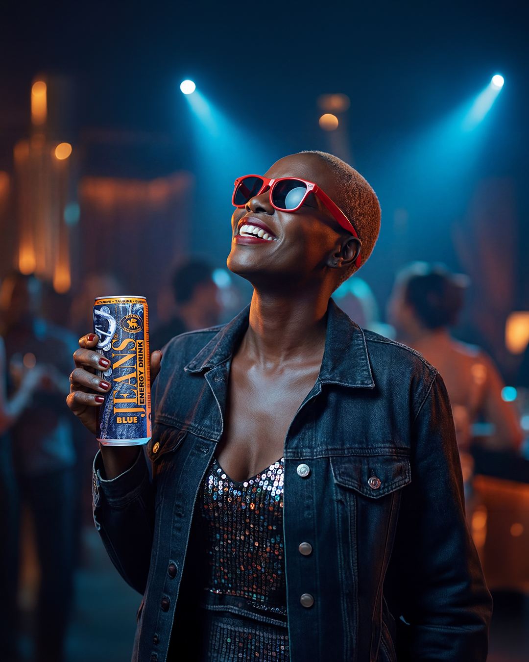 Person enjoying Blue Jeans Energy Drink at an event
